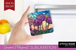 Stained Glass Flowers Magnet Sublimation - Floral Square PNG Product Image 1