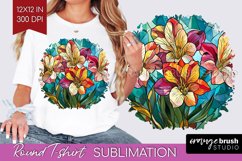 Stained Glass Flowers Round Tshirt Background - Floral PNG Product Image 1