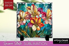Stained Glass Flowers Slate PNG - Floral Square Slate Product Image 1
