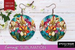 Stained Glass Flowers Round Earrings - Floral PNG Product Image 1