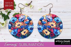 Stained Glass Flowers Round Earrings - Floral PNG Product Image 1