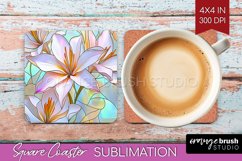 Stained Glass Flowers Square Coaster - Floral Coaster PNG Product Image 1
