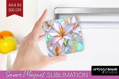 Stained Glass Flowers Magnet Sublimation - Floral Square PNG Product Image 1