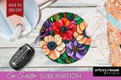 Stained Glass Flowers Car Coaster - Floral Coaster PNG Product Image 1