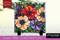 Stained Glass Flowers Slate PNG - Floral Square Slate Product Image 1