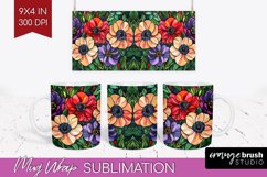 Stained Glass Flowers Mug Wrap - Floral Mug PNG Sublimation Product Image 1