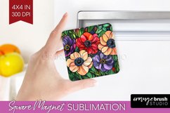 Stained Glass Flowers Magnet Sublimation - Floral Square PNG Product Image 1