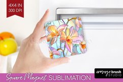 Stained Glass Flowers Magnet Sublimation - Floral Square PNG Product Image 1