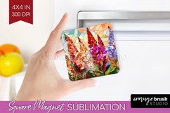 Stained Glass Flowers Magnet Sublimation - Floral Square PNG Product Image 1