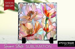 Stained Glass Flowers Slate PNG - Floral Square Slate Product Image 1
