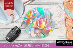 Stained Glass Flowers Car Coaster - Floral Coaster PNG Product Image 1