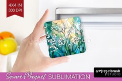 Stained Glass Flowers Magnet Sublimation - Floral Square PNG Product Image 1