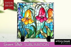Stained Glass Flowers Slate PNG - Floral Square Slate Product Image 1