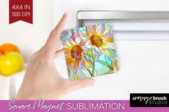 Stained Glass Flowers Magnet Sublimation - Floral Square PNG Product Image 1