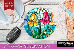 Stained Glass Flowers Car Coaster - Floral Coaster PNG Product Image 1