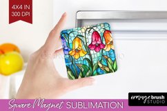 Stained Glass Flowers Magnet Sublimation - Floral Square PNG Product Image 1