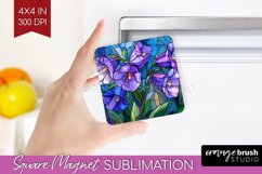 Stained Glass Flowers Magnet Sublimation - Floral Square PNG Product Image 1