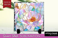 Stained Glass Flowers Slate PNG - Floral Square Slate Product Image 1