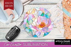 Stained Glass Flowers Car Coaster - Floral Coaster PNG Product Image 1