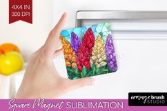 Stained Glass Flowers Magnet Sublimation - Floral Square PNG Product Image 1