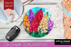Stained Glass Flowers Car Coaster - Floral Coaster PNG Product Image 1