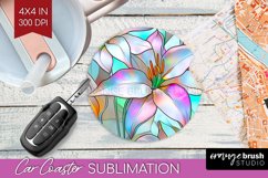 Stained Glass Flowers Car Coaster - Floral Coaster PNG Product Image 1