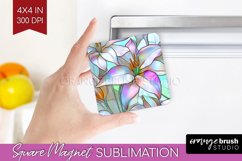 Stained Glass Flowers Magnet Sublimation - Floral Square PNG Product Image 1