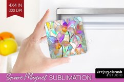 Stained Glass Flowers Magnet Sublimation - Floral Square PNG Product Image 1