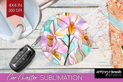 Stained Glass Flowers Car Coaster - Floral Coaster PNG Product Image 1