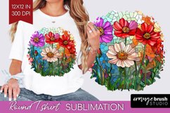 Stained Glass Flowers Round Tshirt Background - Floral PNG Product Image 1