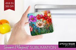 Stained Glass Flowers Magnet Sublimation - Floral Square PNG Product Image 1