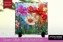 Stained Glass Flowers Slate PNG - Floral Square Slate Product Image 1