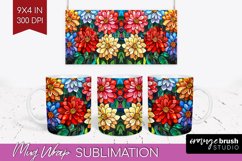 Stained Glass Flowers Mug Wrap - Floral Mug PNG Sublimation Product Image 1