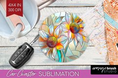 Stained Glass Flowers Car Coaster - Floral Coaster PNG Product Image 1
