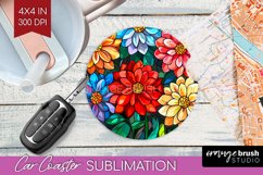 Stained Glass Flowers Car Coaster - Floral Coaster PNG Product Image 1