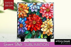 Stained Glass Flowers Slate PNG - Floral Square Slate Product Image 1