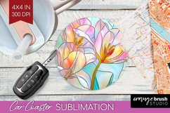 Stained Glass Flowers Car Coaster - Floral Coaster PNG Product Image 1