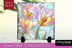 Stained Glass Flowers Slate PNG - Floral Square Slate Product Image 1