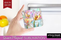 Stained Glass Flowers Magnet Sublimation - Floral Square PNG Product Image 1
