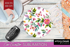 Summer Flowers Car Coaster - Floral Coaster PNG Sublimation Product Image 1