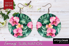 Tropical Flowers Round Earrings - Floral PNG Sublimation Product Image 1