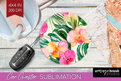 Tropical Flowers Car Coaster - Floral Coaster PNG Product Image 1