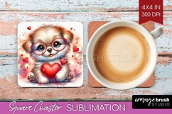 Valentine Dog Square Coaster - Cute Puppy Coaster PNG Product Image 1
