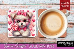 Valentine Dog Square Coaster - Cute Puppy Coaster PNG Product Image 1