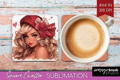 Valentine Girl Square Coaster - Valentines Day Coaster PNG Product Image 1