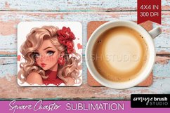 Valentine Girl Square Coaster - Valentines Day Coaster PNG Product Image 1