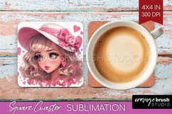 Valentine Girl Square Coaster - Valentines Day Coaster PNG Product Image 1