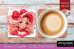 Valentine Girl Square Coaster - Valentines Day Coaster PNG Product Image 1