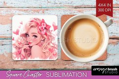 Valentine Girl Square Coaster - Valentines Day Coaster PNG Product Image 1
