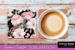 Watercolor Flowers Square Coaster - Floral Pink Sublimation Product Image 1